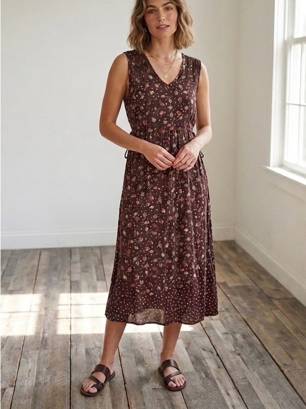April Cornell Vintage Cottagecore Brown Floral Sleeveless Midi Dress Medium